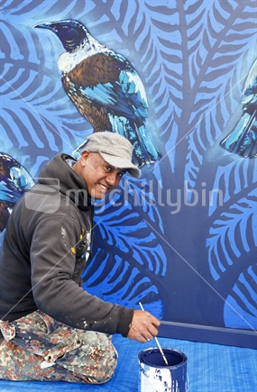 Artist Michel Tuffery, New Zealand born and based, of Samoan, Rarotongan and Tahitian heritage, painting a large billboard on the Wanaka lake front for the Festival of Colour held in Wanaka April 2011.

More for Michel Tuffery  www.micheltuffery.co.nz

