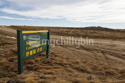 Kopuwai Conservation Area sign, Old Man/Obelisk Range, Central Otago, South Island, New Zealand