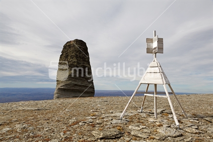 Tor and Geodetic survey mark/trig station. Old Man/Obelisk Range, Central Otago, South Island, New Zealand