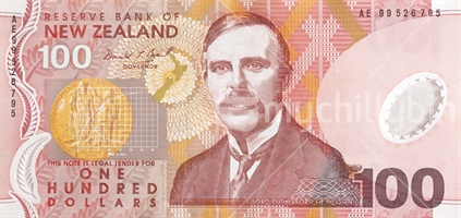 The New Zealand one hundred dollar note, front.  Note: Approved educational and commercial screen and print uses of NZ banknote full images are detailed at: http://www.rbnz.govt.nz/notes_and_coins/issuing_or_reproducing/