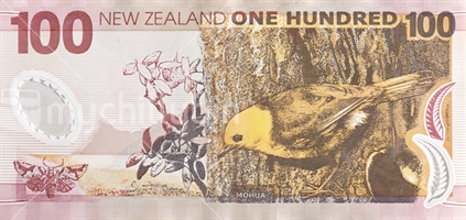 The New Zealand one hundred dollar note, reverse side. Note: Note: Approved educational and commercial screen and print uses of NZ banknote full images are detailed at: http://www.rbnz.govt.nz/notes_and_coins/issuing_or_reproducing/