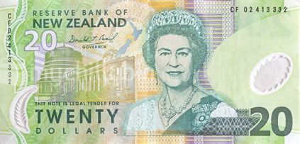 The New Zealand twenty dollar note, front. Note: Note: Approved educational and commercial screen and print uses of NZ banknote full images are detailed at: http://www.rbnz.govt.nz/notes_and_coins/issuing_or_reproducing/