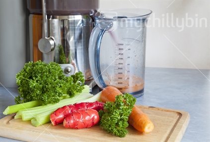 Juicing raw fresh vegetables for good health.