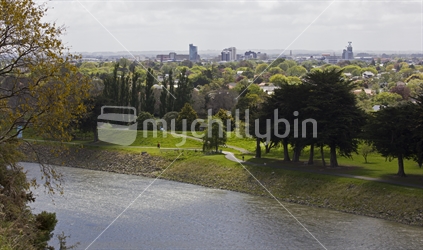 Along part of the Manawatu Riverside Walkway with Palmerston North City in the background.