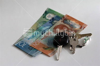 New Zealand $5 $10 $20 notes and car keys. Note: Please view approved reproduction details of NZ banknote full images at:http://www.rbnz.govt.nz/notes-and-coins/issuing-or-reproducing
