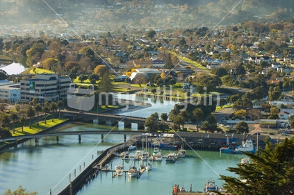 Gisborne, downtown at the viaduct in the late afternoon sun, New Zealand 
