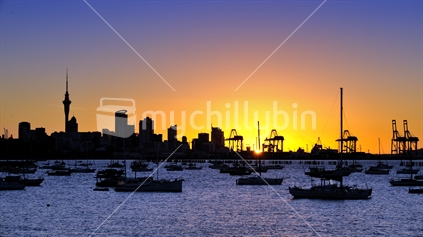 Auckland city harbour at sunset, New Zealand