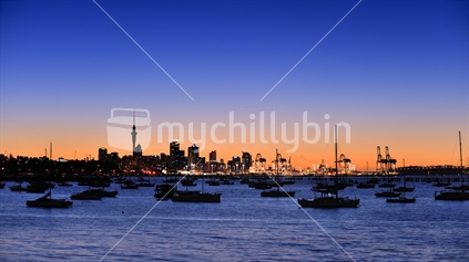 Auckland city harbour at sunset, New Zealand
