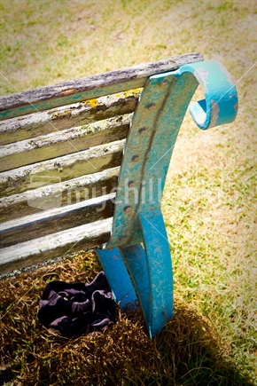 Old seat on the grass beside the beach.