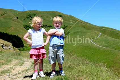 Young boy and girl on the Old Coach road in Ohariu, Wellington
