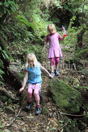 Two young girls bush walking in Rimutaka Forest Park