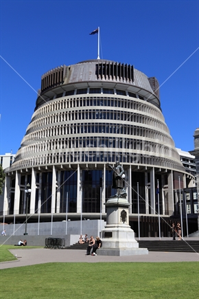 The Beehive with the Richard John Seddon statue in the foreground, New Zealand