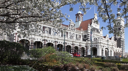 The Iconic Dunedin Railway Station Framed by Flowers (Raised ISO) 