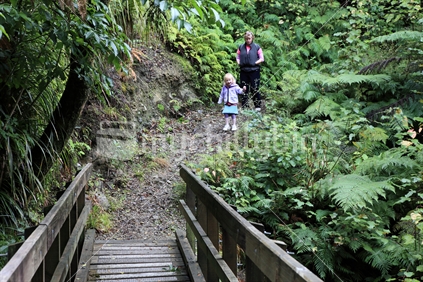 Woman and girl on bush walk, New Zealand