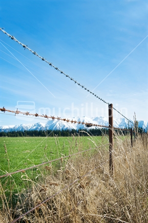 Southern Alps through the barbed wire fence, New Zealand