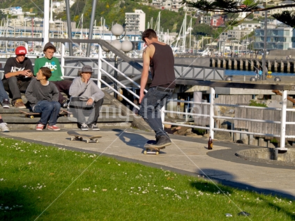 Young male skateboards in front of a group on Wellington's waterfront.