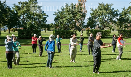 Mature people praticicing the Chinese physical art of Tai Chi in Auckland's Cornwall Park in May 2012.