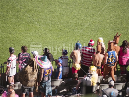 Some of the crowd, many in costume joining in the fun of the event at the inaugural Rugby League Nines at Auckland in February 2014.