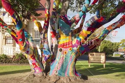 Yarn bomb tree in the Rotorua Arts Village presents a display of vivid colour that attracts tourists who can be seen photographing the most colourful object in the city. April 2014.