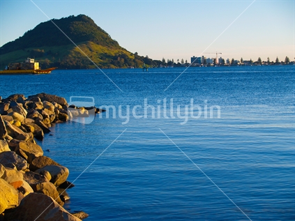 Mt Maunganui from Tauranga side of harbour, early morning on a clear day.
Regional icon. North Island, New Zealand.