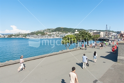 Summer day people enjoying Wellington waterfront strolling along the esplanade watching and relaxing in warm coastal public space.  February 2016