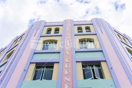 James Smith Building Cuba Street Wellington example  of art deco architecture low angle view