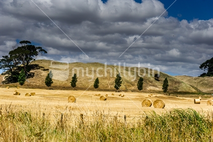 Farm land along road with roll of cut  and baled hay with dry low hills and dark clouds in sky forming backdrop to field and throwing a shadow over the hills.