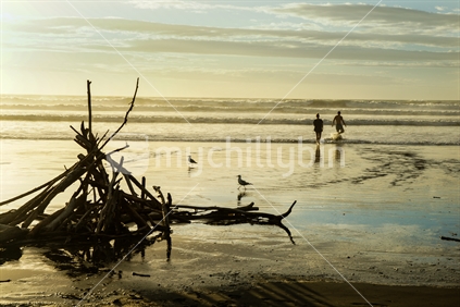 Sunset at the beach,silhouette,driftwood silhouette people Himutangi Beach Levin New Zealand