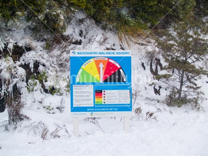 Backcountry Avalanche Advisory risk indicator sign showing degrees of risk with Considerable  current indication on Mount Ruapehu.