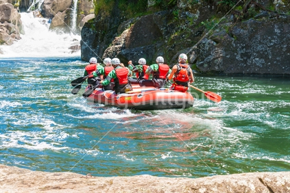 Group of enthusiasts commencing Wairoa River Rafting Tauranga in early December 2016 on one of New Zealand's most popular rivers for kayaking and rafting