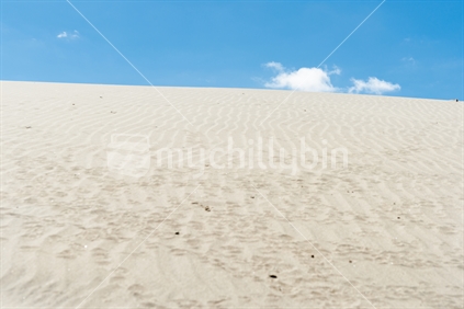 Stunning Mangawhai Heads sand dunes in widswept pattern rising  to horizon and blue sky