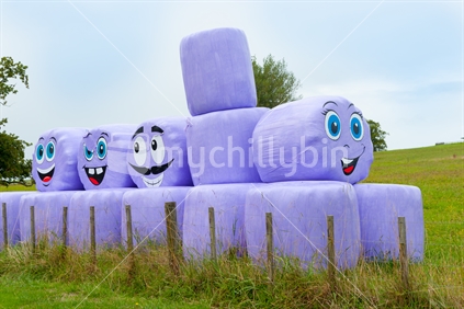 Purple plastic wrapped hay bales over fence in paddock with funny face