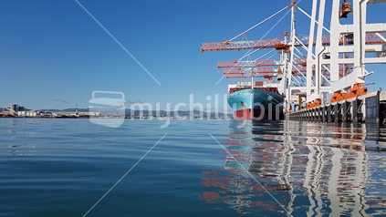 Port of Tauranga April 2017,  Container terminal with tall white and orange cranes stretching up and out over moored ship and reflected in deep blue harbour water.
