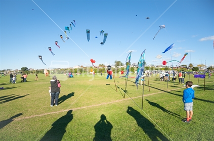 Tauranga June  4, 2017; Kite flying day, foreground shadows of on-lookers photographing colourful array of flying objects and people at Ferguson Park, Tauranga New Zealand.