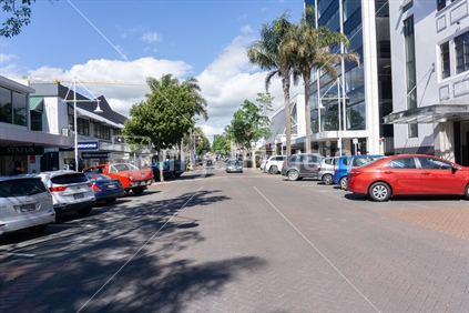 TAURANGA NEW ZEALAND - SEPTEMBER 20 2018; Looking along Grey Street in downtwon city buildings and streetscape and morning shadows