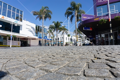 TAURANGA NEW ZEALAND - SEPTEMBER 20 2018; Looking up Spring Street from steet level in downtwon city buildings and streetscape.