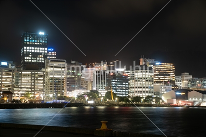 OCTOBER 1 2018; WELLINGTON, NEW ZEALAND - Night time in the city, commercial skyline with waterfront,  Wellington, New Zealand.