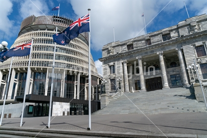 Flags flutter in front New Zealand Government buildings, House neo classical style House of Parliament with Beehive behind.