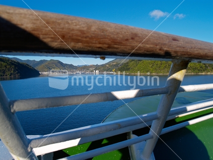 Picton through Cook Strait Ferry railings, New Zealand