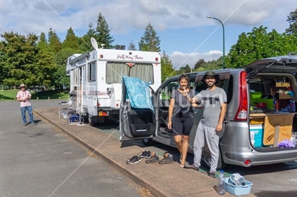 Tauranga New Zealand - March 27 2020; Tourists with nowhere to go for four weeks but seem happy stuck in a  parking area while covid-19 lockdown and isolation rules apply