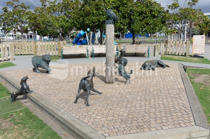 Tauranga New Zealand - March 27 2020; Hairy Maclary and friends bronze sculptures on city waterfront eerily devoid of the usual hordes of children during the covid-19 enforced lockdown.
Installed in 2016, sculpted by Brigitte West.