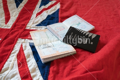 New Zealand passport on flag of country.