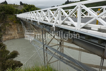 Unique construction design of Rakaia Gorge bridge near Windwhistle in Canterbury, New Zealand.