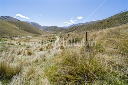 Landscape from lookout at top of Lindis Pass South Island New Zealand.