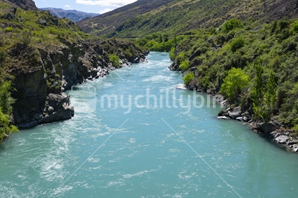 Scenic Kawerau Gorge and rushing water of river in Central Otago New Zealand