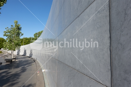 Christchurch New Zealand - November 21 2020; Canterbury Earthquake National Memorial wall along Avon River in city.