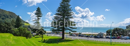 Tauranga New Zealand - March 22 2023; Panorama Marine Parade & Main Beach Mount Maunganui on summer day.