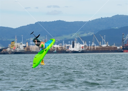 Tauranga New Zealand - March 8  2023; 'Acrobatic' Turn During Wingfoiling across Pilot Bay in GWA tour event