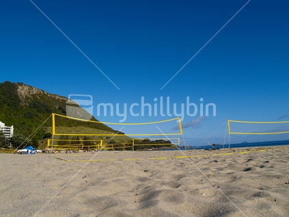 Beach volleyball nets set up and ready. Mt Maunganui, New Zealand