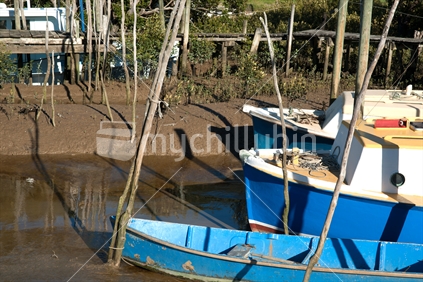 Blue boats at Ruawai. Not going anywhere until the  tide rises.